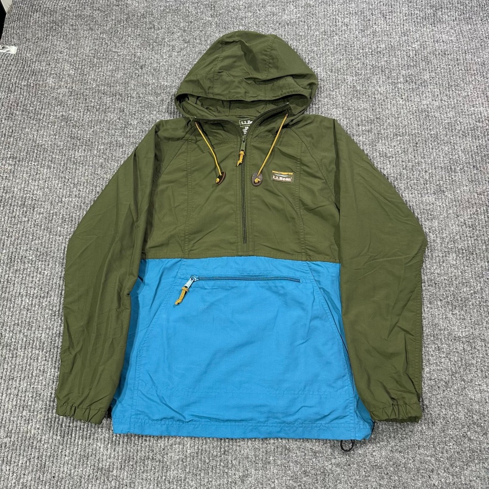 LL Bean Anorak Jacket Mens XS Green Blue Nylon Half Zip Hooded Mountain Classic